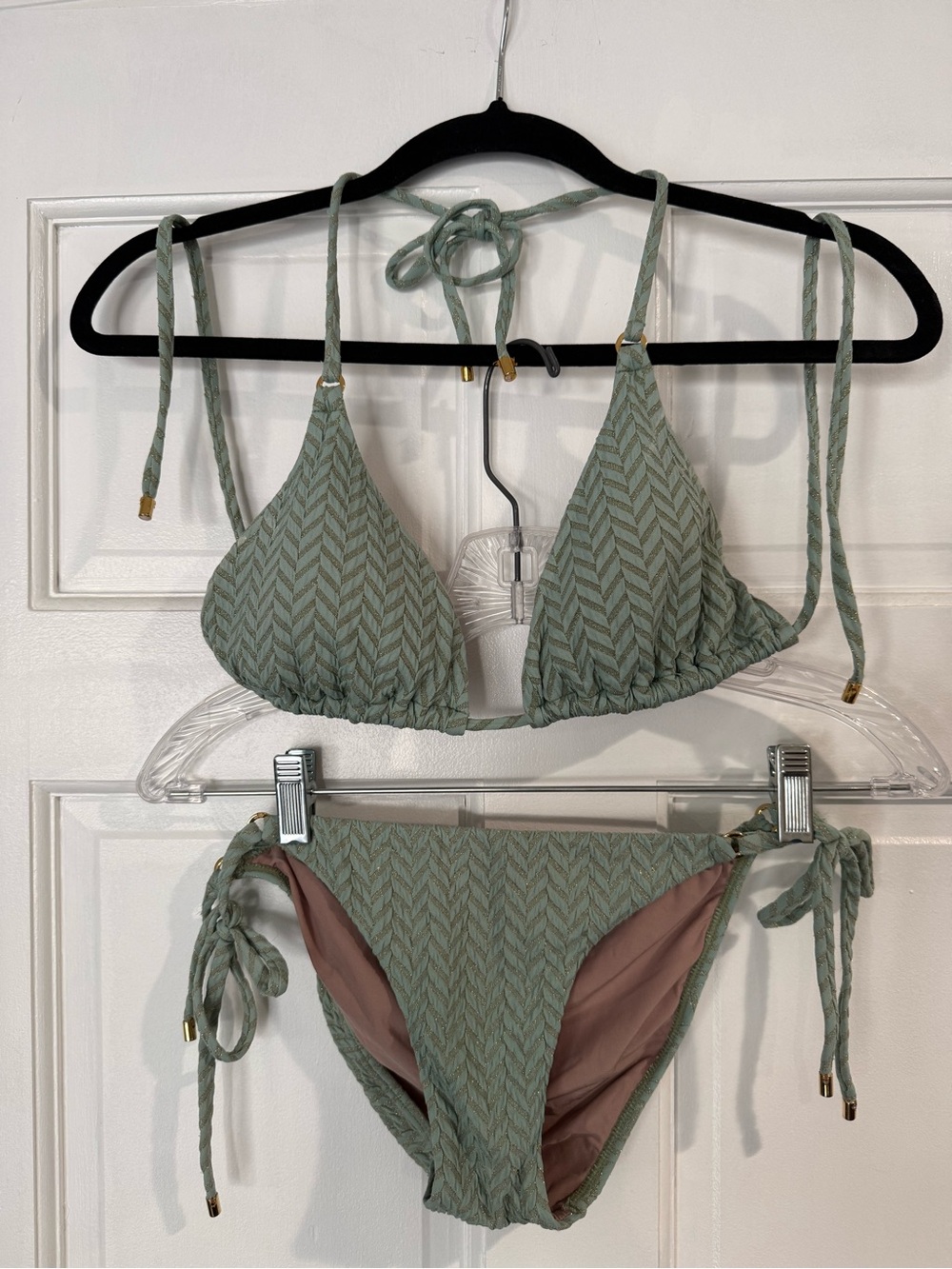 PQ swim Sage Green Textured Triangle Bikini Set - Women Swim S- bottom L- top